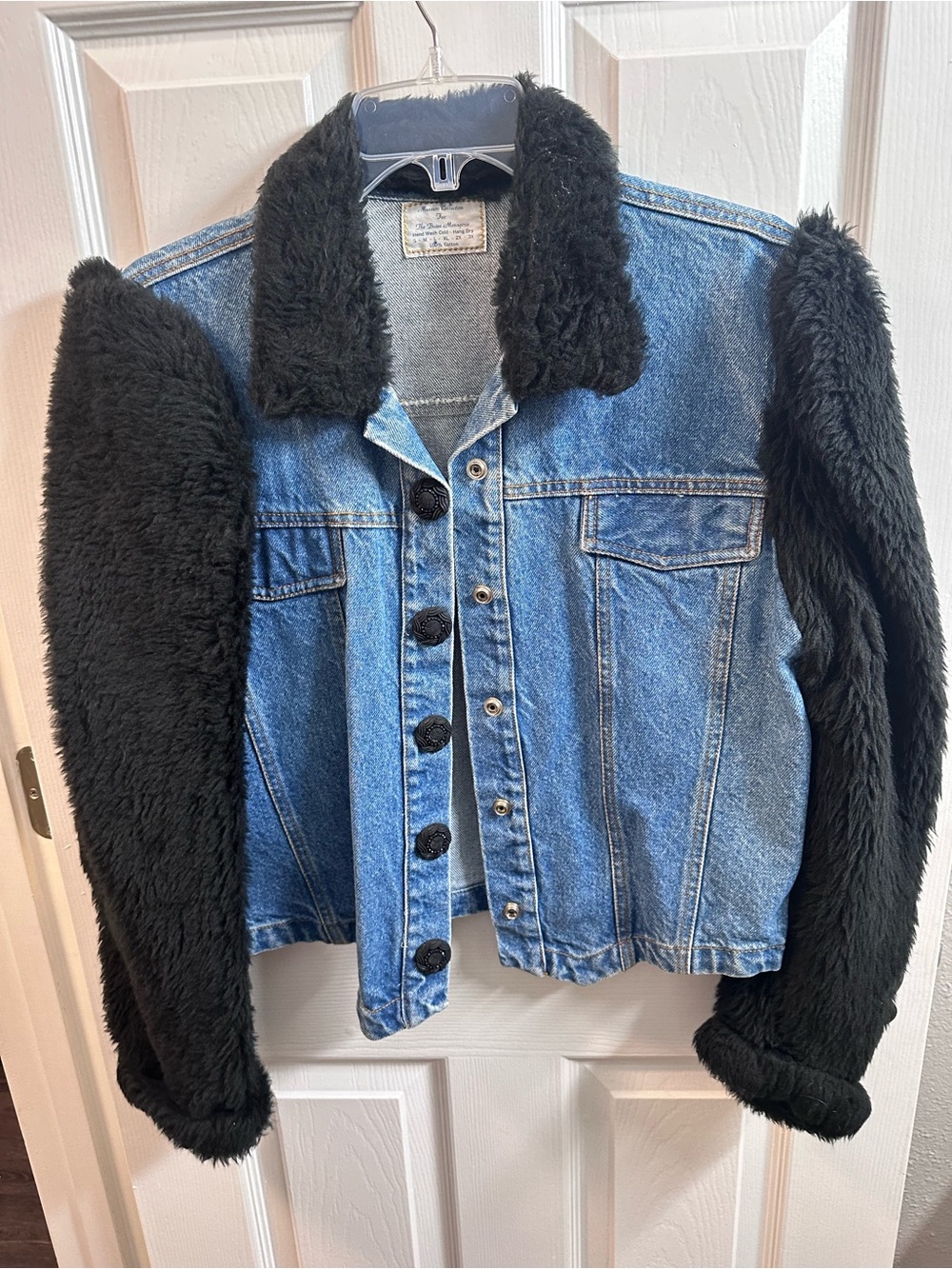 Denim Jacket with Black Sherpa Collar and Sleeves